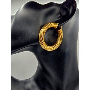 Vintage DV Italy 18K GP Signed Large twisted hoop pierced earrings 1980s 1.75